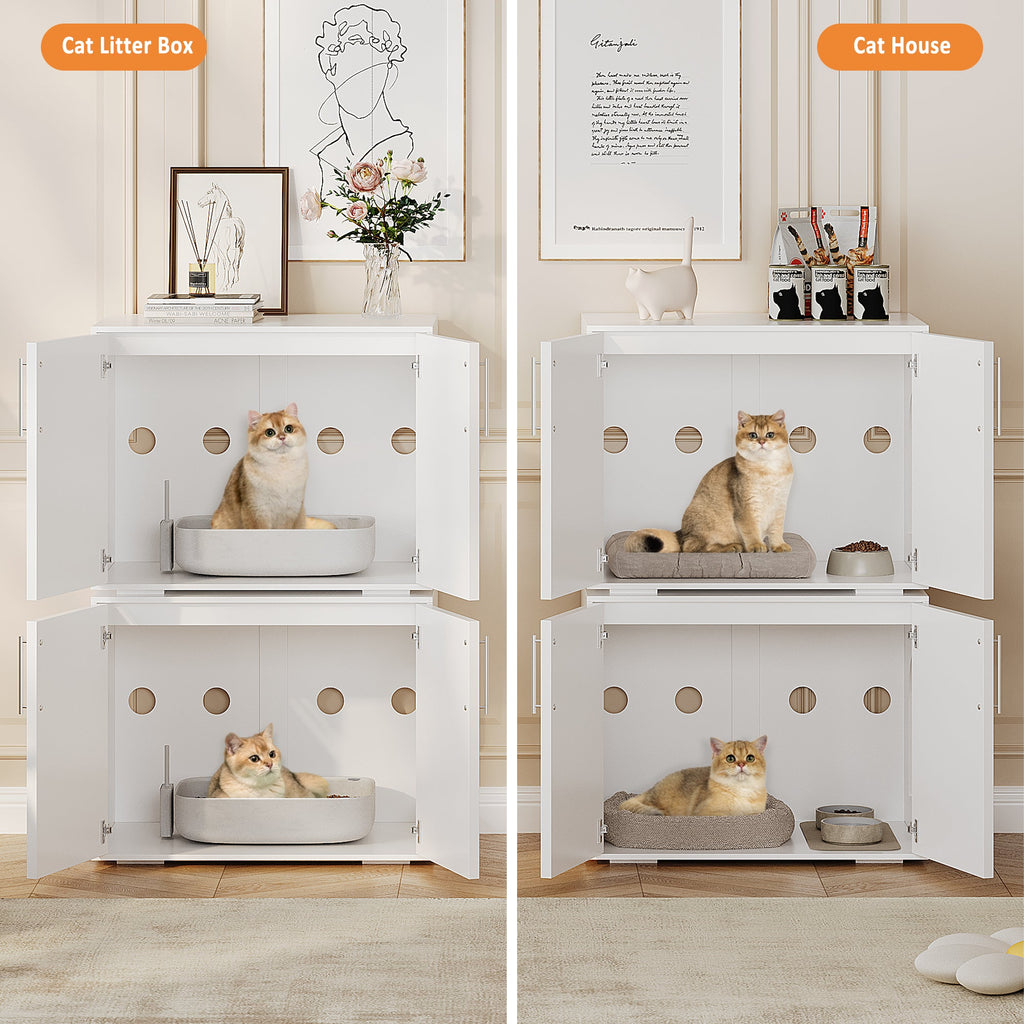 Garvee Cat Litter Box Enclosure, Wooden Litter Box Furniture Hidden, Modern Cat Washroom Furniture with Barn Door, Indoor Cat House, End Table, Fit Most of Litter Box, White