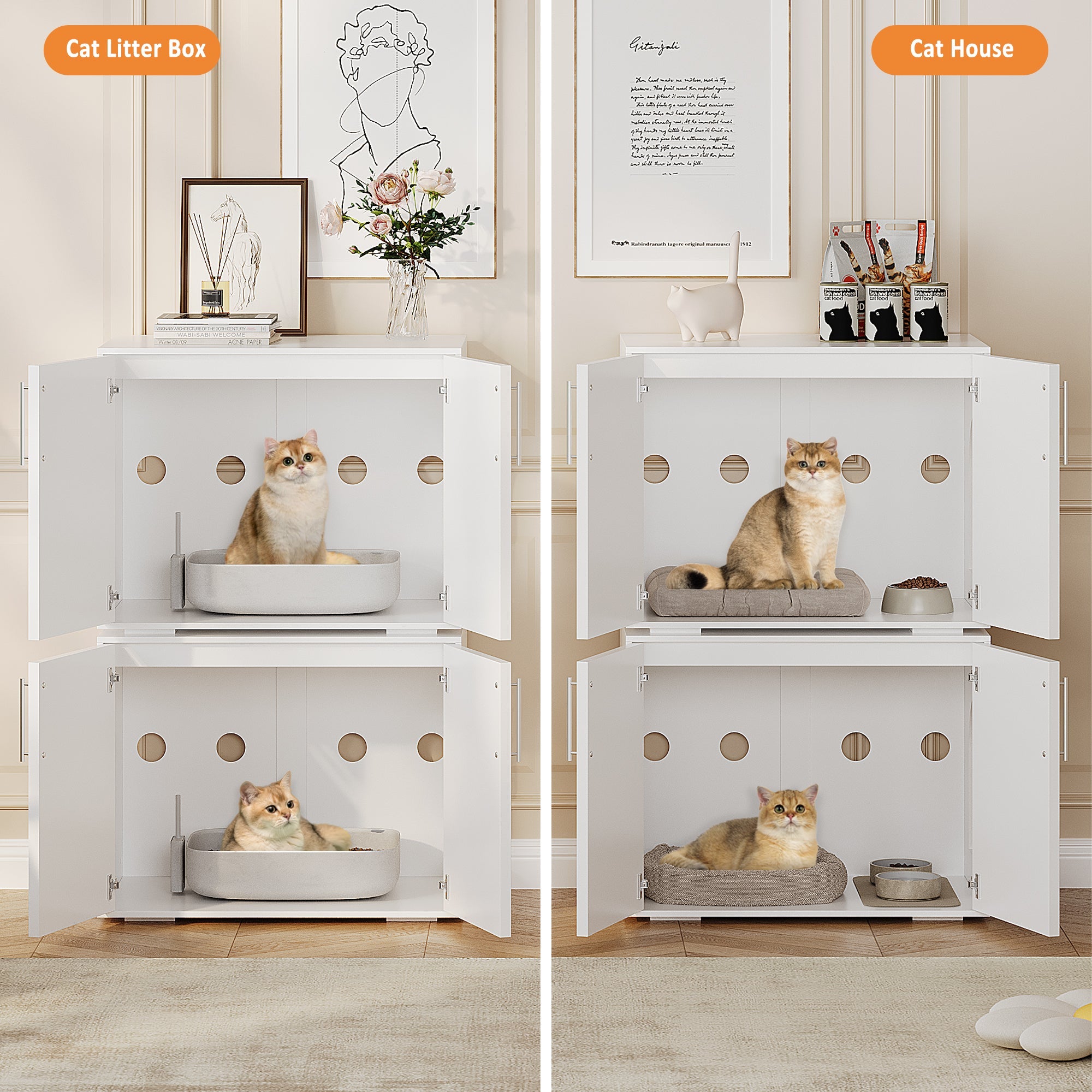 Garvee Cat Litter Box Enclosure, Wooden Litter Box Furniture Hidden, Modern Cat Washroom Furniture with Barn Door, Indoor Cat House, End Table, Fit Most of Litter Box, White