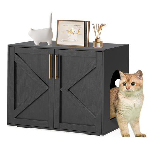Garvee Cat Litter Box Enclosure, Wooden Litter Box Furniture Hidden, Modern Cat Washroom Furniture with Barn Door, Indoor Cat House, End Table, Fit Most of Litter Box, Black