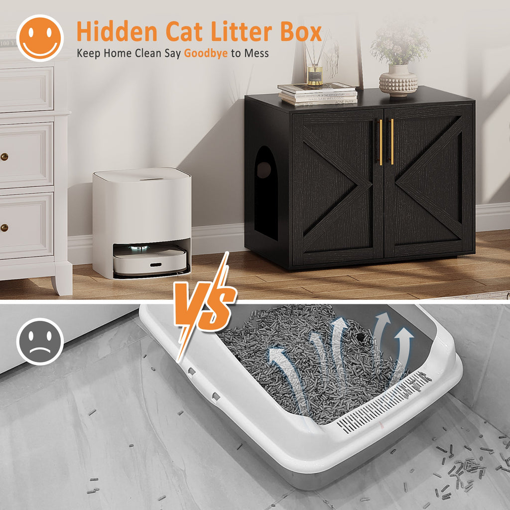 Garvee Cat Litter Box Enclosure, Wooden Litter Box Furniture Hidden, Modern Cat Washroom Furniture with Barn Door, Indoor Cat House, End Table, Fit Most of Litter Box, Black