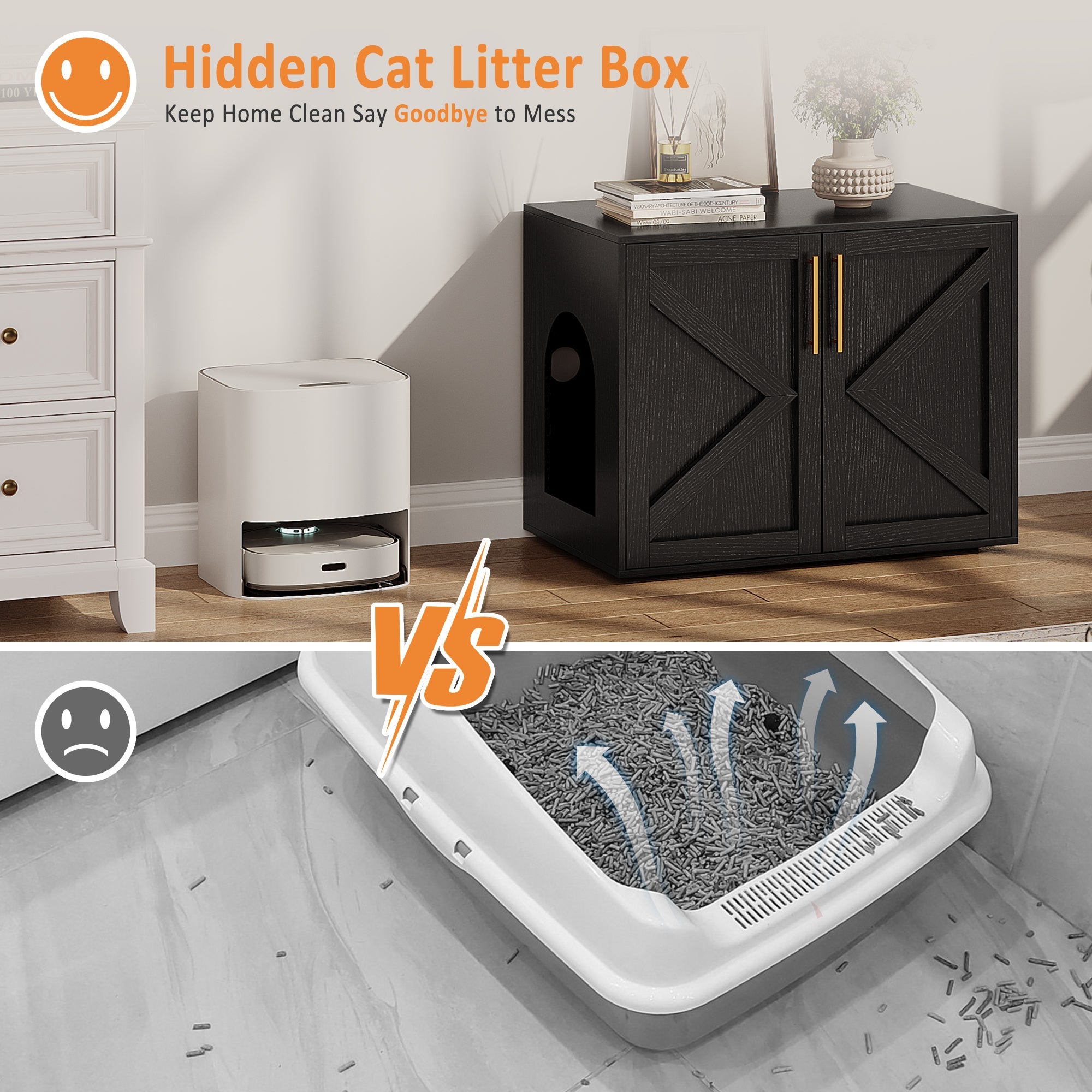Garvee Cat Litter Box Enclosure, Wooden Litter Box Furniture Hidden, Modern Cat Washroom Furniture with Barn Door, Indoor Cat House, End Table, Fit Most of Litter Box, Black