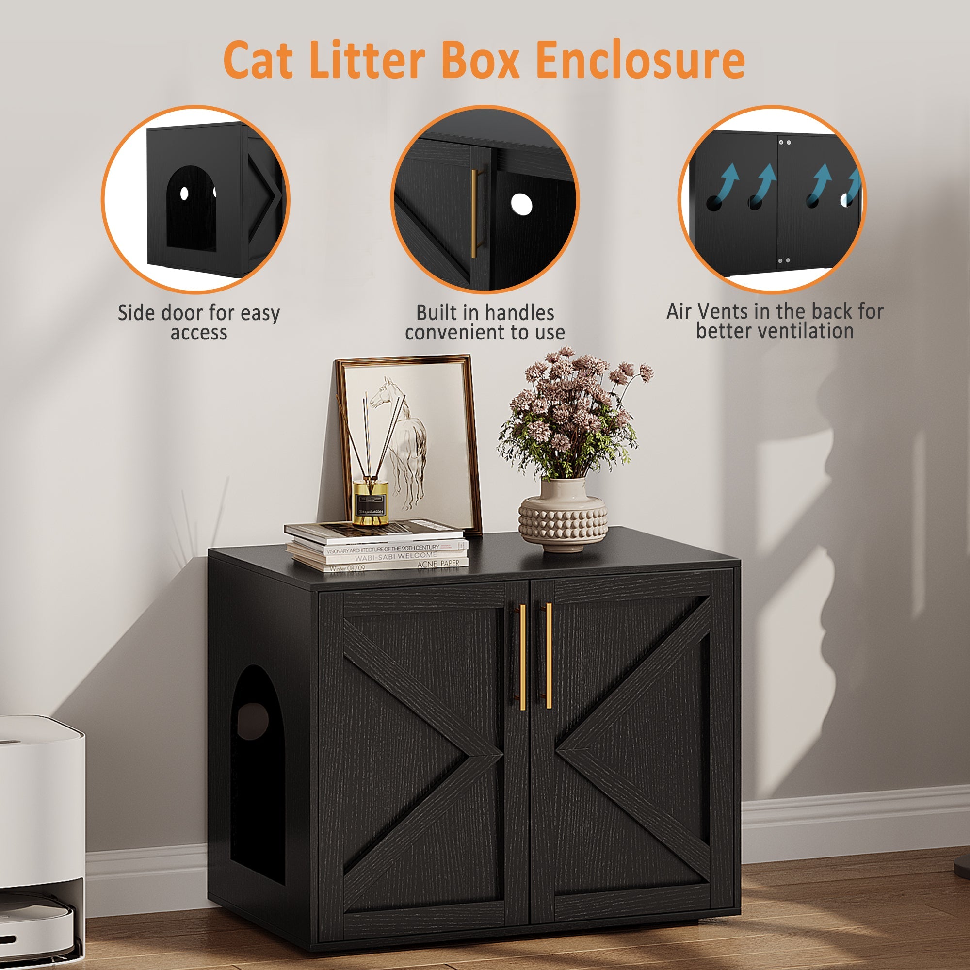 Garvee Cat Litter Box Enclosure, Wooden Litter Box Furniture Hidden, Modern Cat Washroom Furniture with Barn Door, Indoor Cat House, End Table, Fit Most of Litter Box, Black