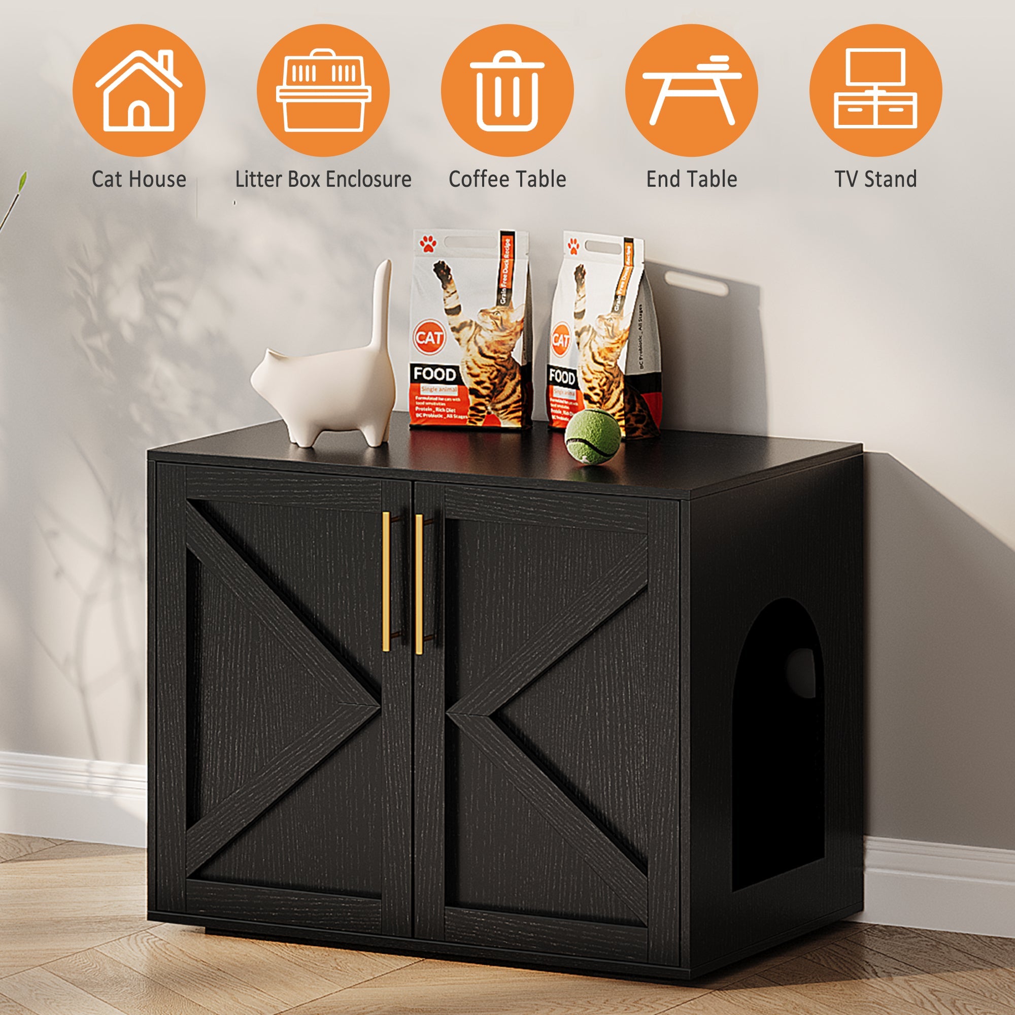 Garvee Cat Litter Box Enclosure, Wooden Litter Box Furniture Hidden, Modern Cat Washroom Furniture with Barn Door, Indoor Cat House, End Table, Fit Most of Litter Box, Black