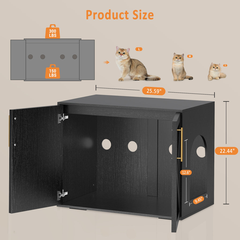 Garvee Cat Litter Box Enclosure, Wooden Litter Box Furniture Hidden, Modern Cat Washroom Furniture with Barn Door, Indoor Cat House, End Table, Fit Most of Litter Box, Black