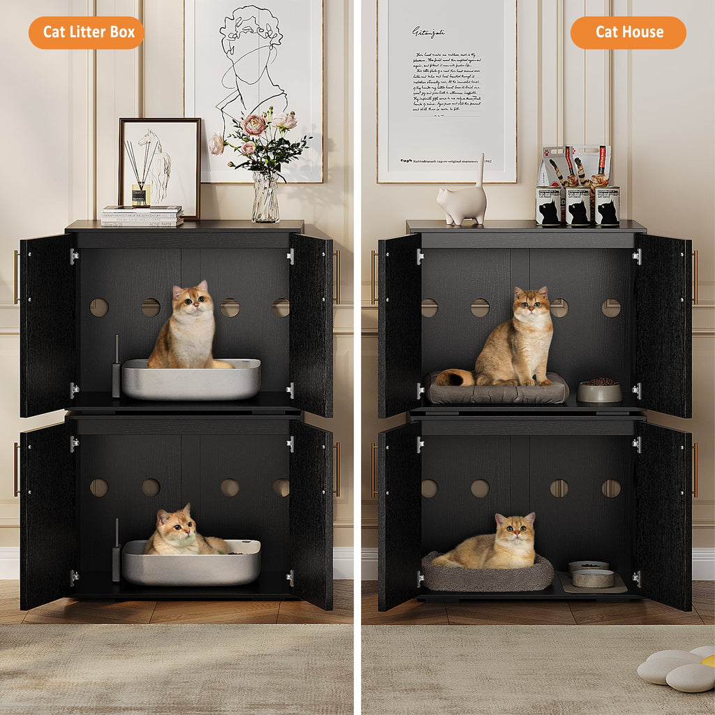 Garvee Cat Litter Box Enclosure, Wooden Litter Box Furniture Hidden, Modern Cat Washroom Furniture with Barn Door, Indoor Cat House, End Table, Fit Most of Litter Box, Black