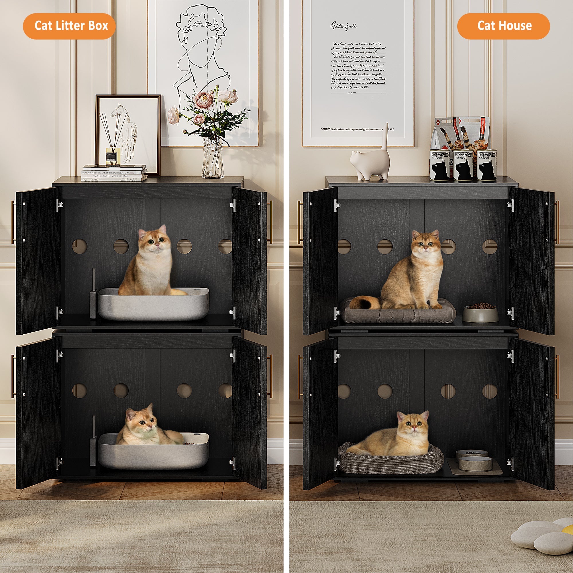 Garvee Cat Litter Box Enclosure, Wooden Litter Box Furniture Hidden, Modern Cat Washroom Furniture with Barn Door, Indoor Cat House, End Table, Fit Most of Litter Box, Black
