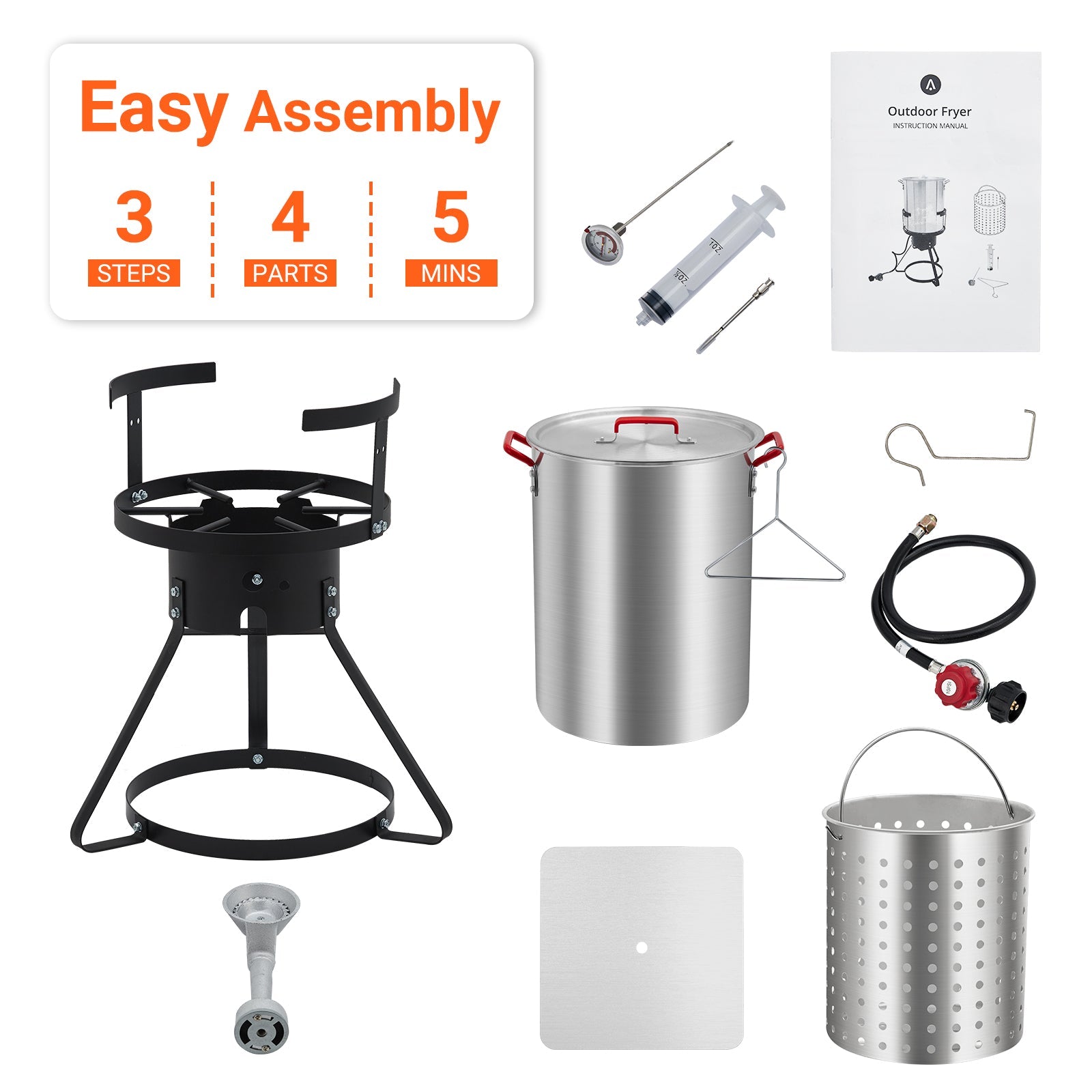 Garvee 30 Qt. Turkey Deep Fryer Pot, Aluminum Fish Fryer Pot with Injector Thermometer Kit and Outdoor Propane Stove Burner Stand for Frying Fish, Wings, 0-5 PSI Regulator, CSA Approved