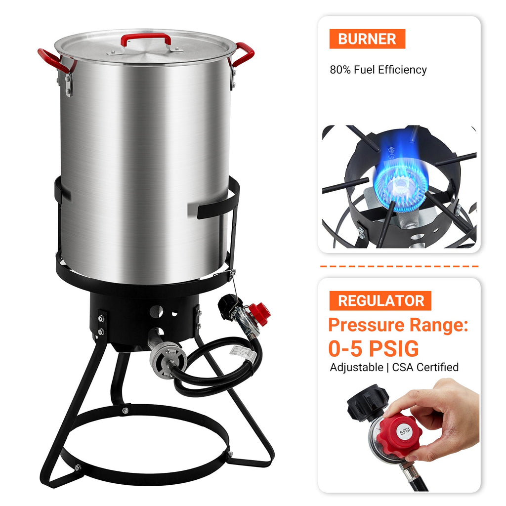 Garvee 30 Qt. Turkey Deep Fryer Pot, Aluminum Fish Fryer Pot with Injector Thermometer Kit and Outdoor Propane Stove Burner Stand for Frying Fish, Wings, 0-5 PSI Regulator, CSA Approved