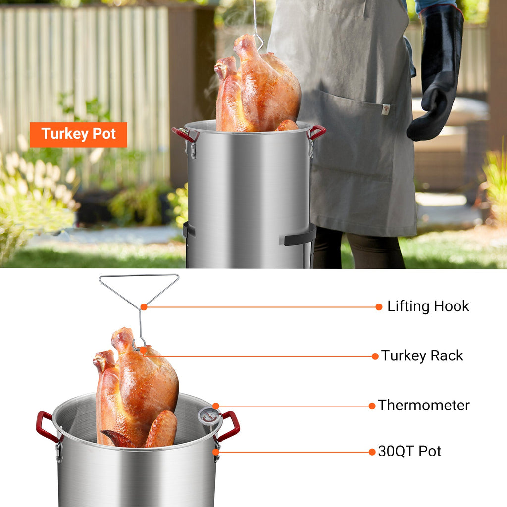 Garvee 30 Qt. Turkey Deep Fryer Pot, Aluminum Fish Fryer Pot with Injector Thermometer Kit and Outdoor Propane Stove Burner Stand for Frying Fish, Wings, 0-5 PSI Regulator, CSA Approved
