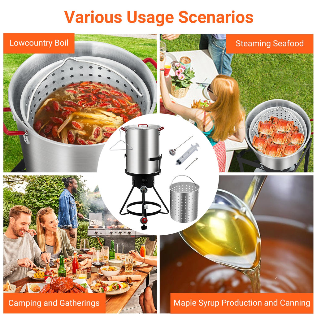 Garvee 30 Qt. Turkey Deep Fryer Pot, Aluminum Fish Fryer Pot with Injector Thermometer Kit and Outdoor Propane Stove Burner Stand for Frying Fish, Wings, 0-5 PSI Regulator, CSA Approved