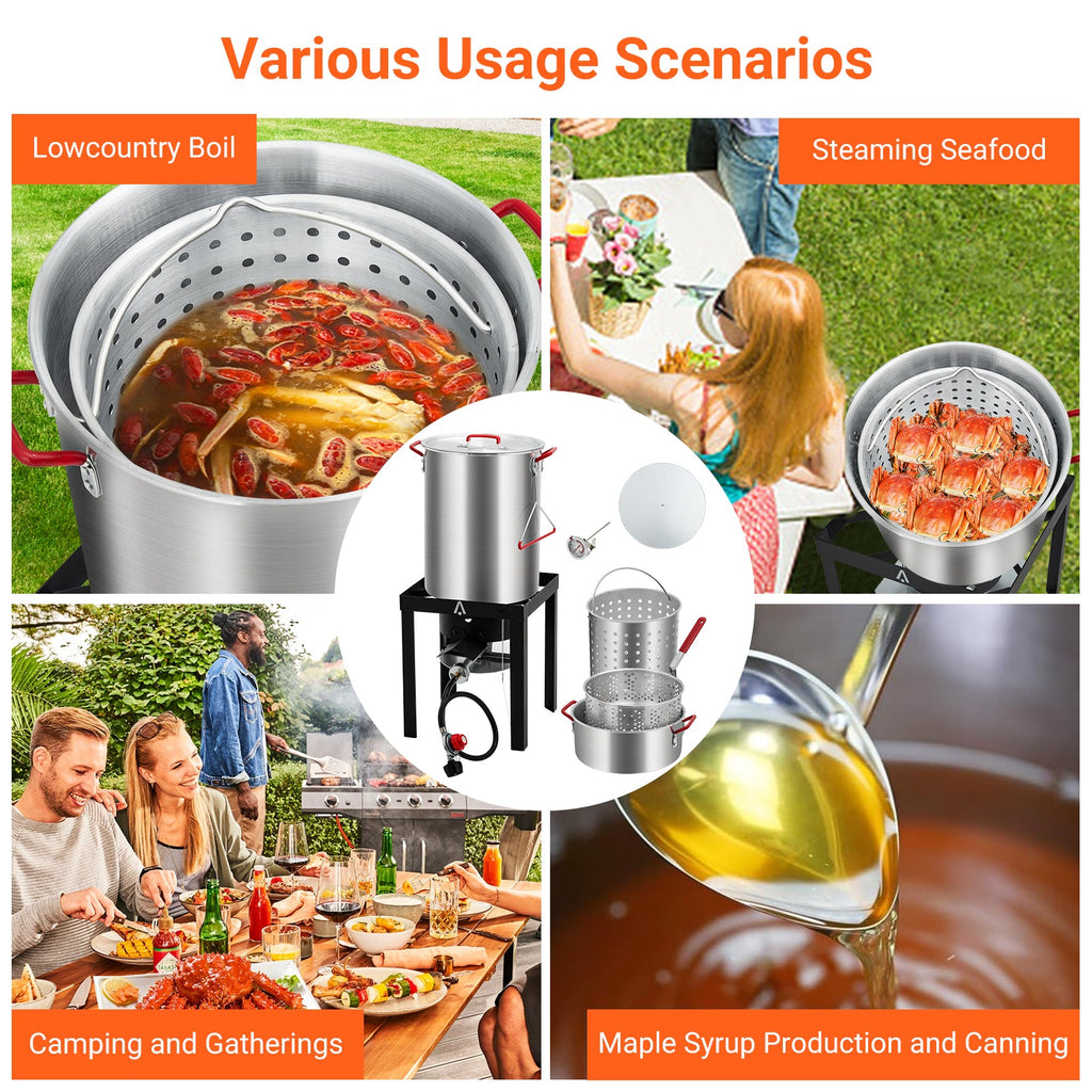 Garvee 30 QT. Turkey Fryer and 10 QT. Fish Fryer Kit with 50,000 BTU Propane Stove, Aluminum Outdoor Deep Fryer and Seafood Boiler Steamer with Baskets, Thermometer, Turkey Rack