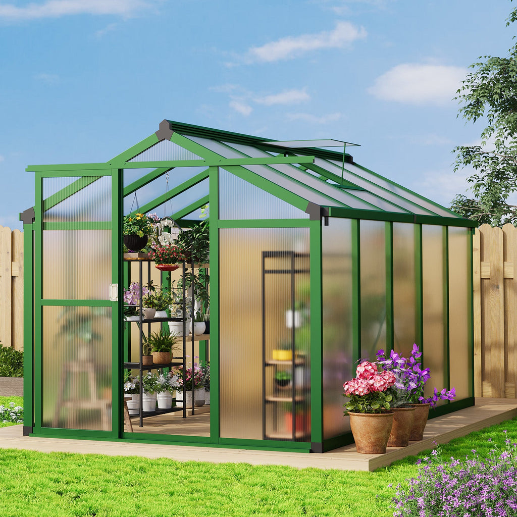Garvee 6'x10' Walk-in Greenhouse – Vented Roof, Adjustable Vent, Windproof Aluminum Frame, Lockable Door, Green