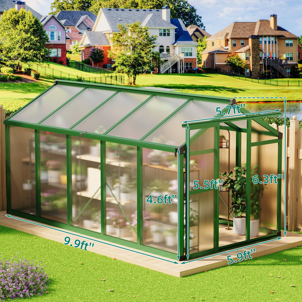 Garvee 6'x10' Walk-in Greenhouse – Vented Roof, Adjustable Vent, Windproof Aluminum Frame, Lockable Door, Green
