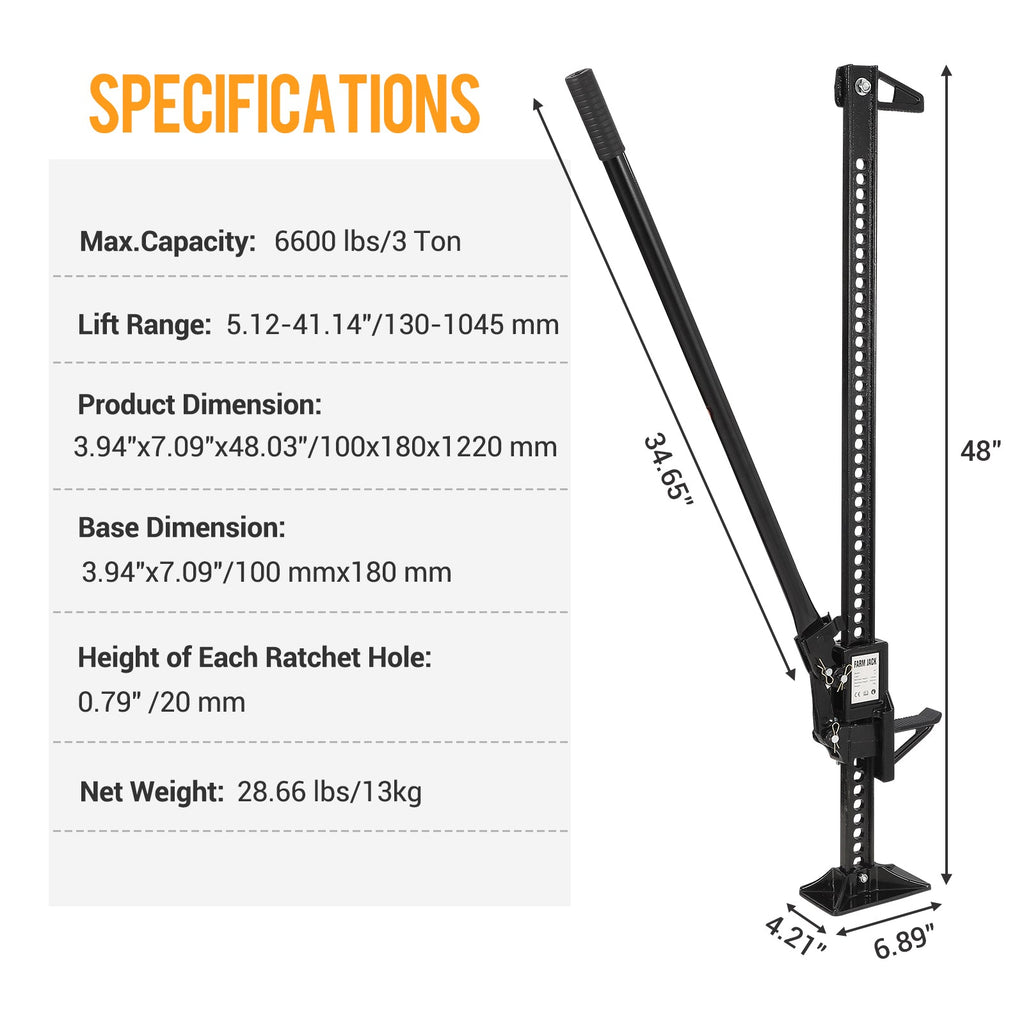 Garvee Farm Jack, 48 Inch Ratcheting Off Road Utility High Lift Jack Farm Jack, 3 Ton (6600 Lb) Capacity Farm Jack for Tractor Truck Car Jeep, Black