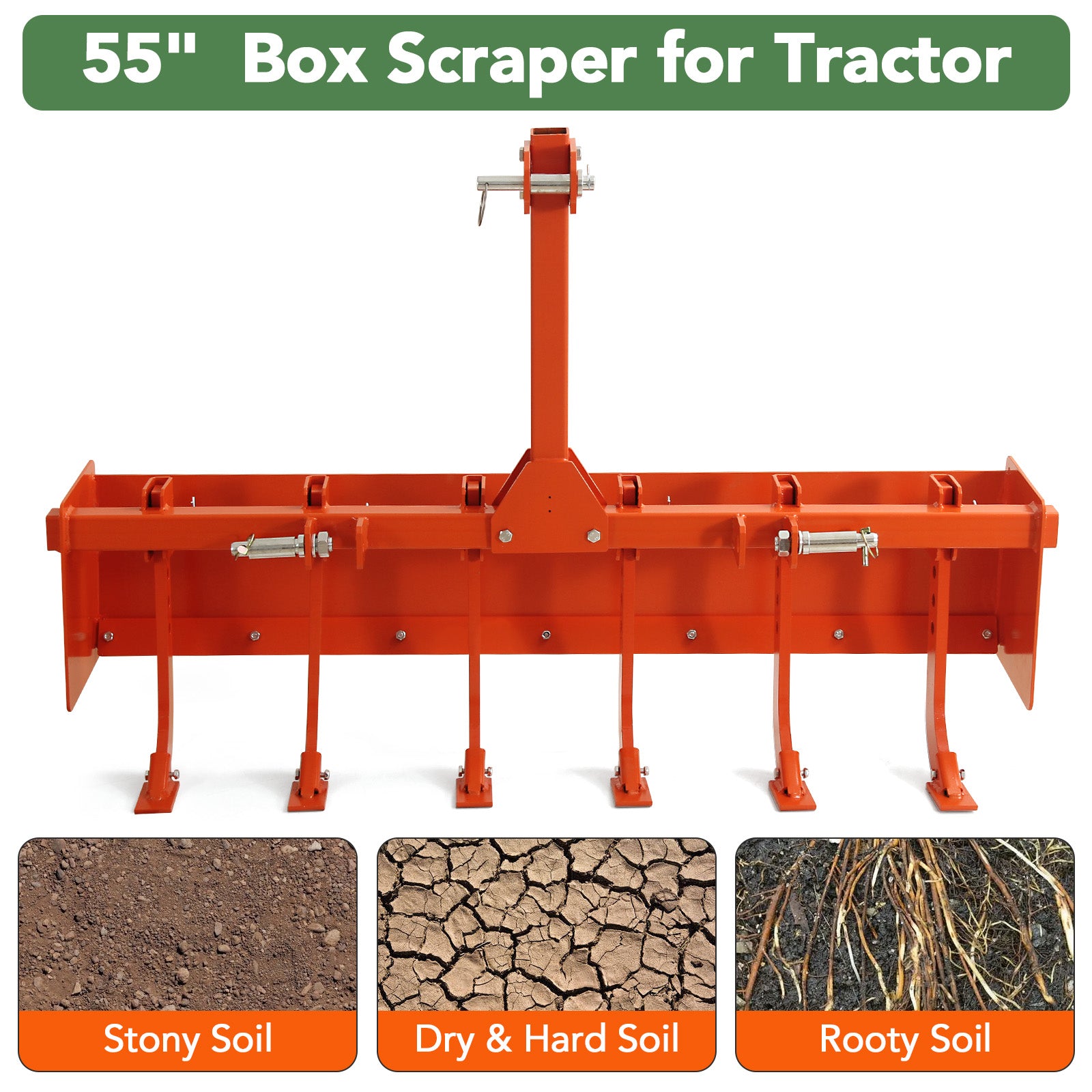 Garvee 55" Box Blade for Tractor, Box Scraper for Tractor 3 Point Hitch, Box Blade Suitable for CAT-0 & CAT-1 Tractors