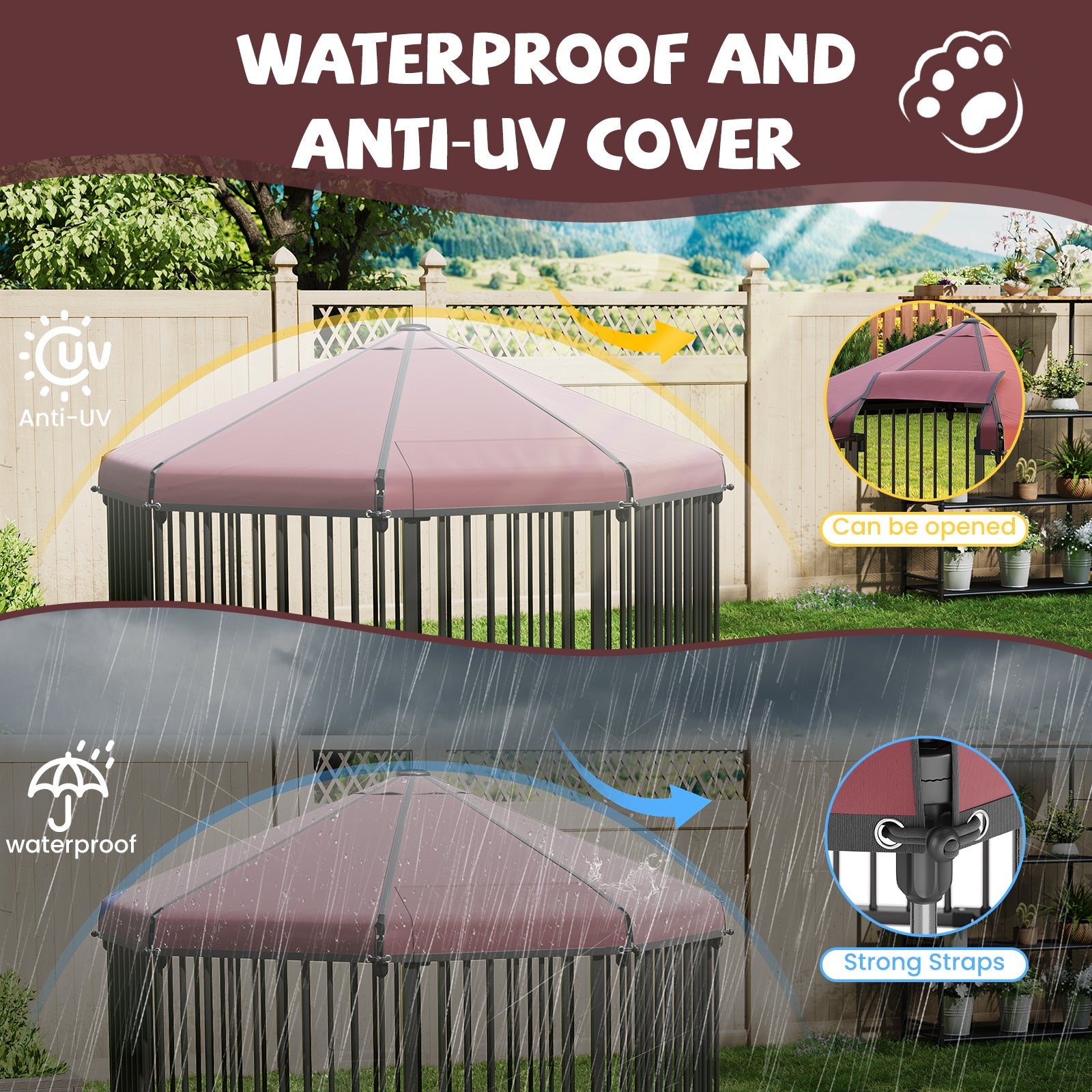 Garvee Heavy Duty Outdoor Dog Kennel with Roof, Lockable Metal Gate, Octagon Playpen, Portable Easy Setup, Secure Pet Enclosure for Backyard, 190"W x 30"H