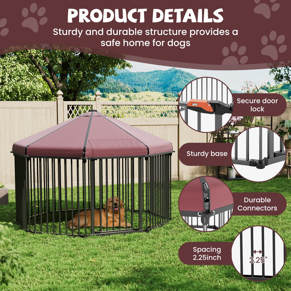 Garvee Heavy Duty Outdoor Dog Kennel with Roof, Lockable Metal Gate, Octagon Playpen, Portable Easy Setup, Secure Pet Enclosure for Backyard, 190"W x 30"H
