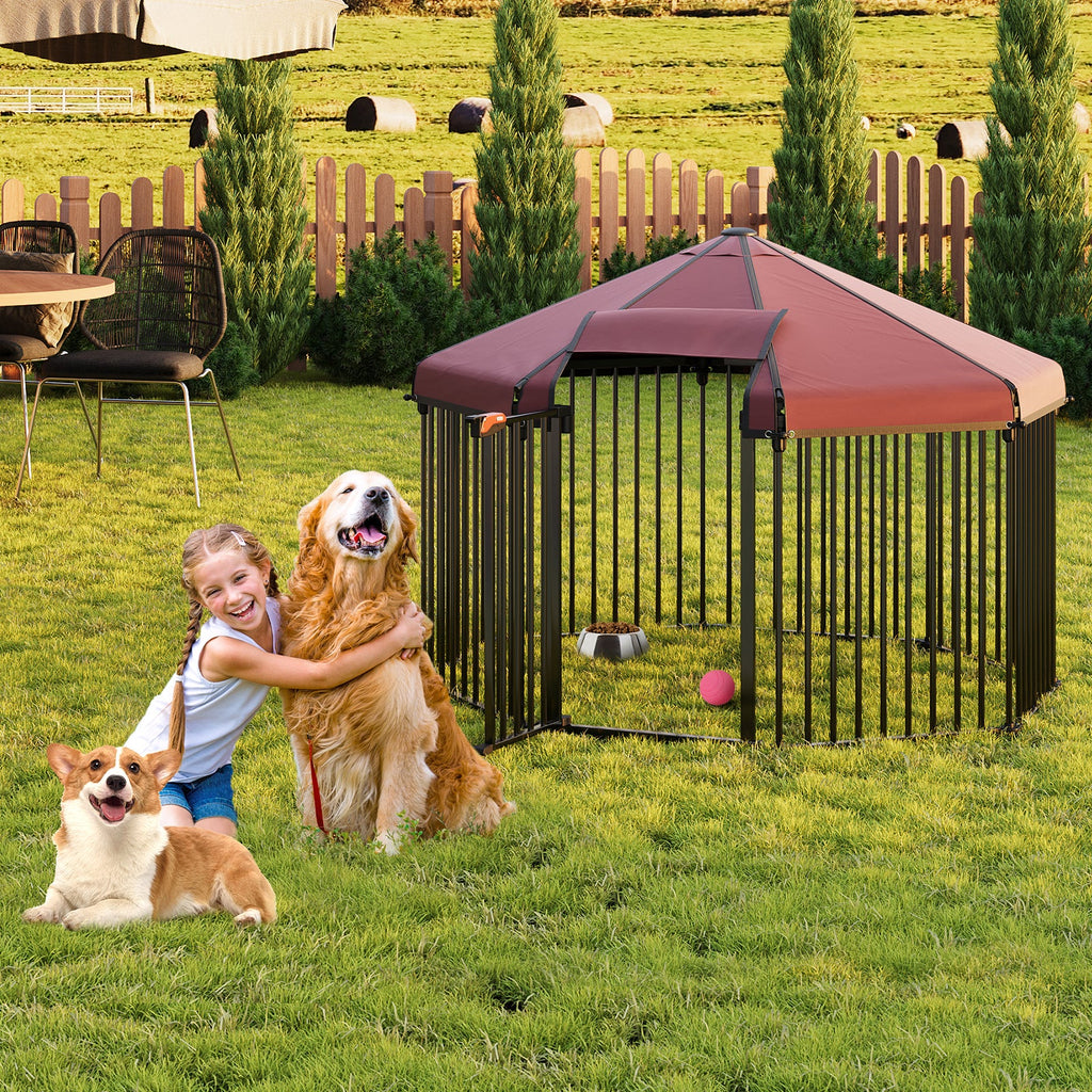 Garvee Heavy Duty Outdoor Dog Kennel with Roof, Lockable Metal Gate, Octagon Playpen, Portable Easy Setup, Secure Pet Enclosure for Backyard, 190"W x 30"H