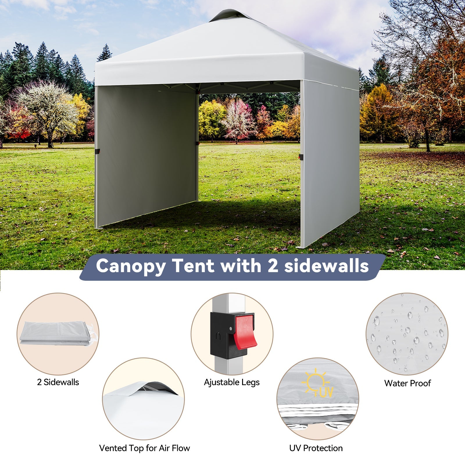 Garvee 10'x10' Pop-Up Canopy Tent - Portable Beach Tent with 2 Sidewalls & Vented Roof, Wheeled Bag & Sandbag, Instant Outdoor Shelter for Camping & Parties, White