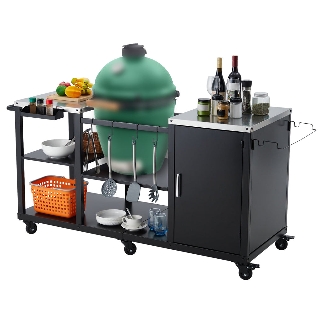 Garvee Big Green Egg Grill Table, Heavy Duty Outdoor Grill Station Prep Table with Storage, Garbage Bag Holder, Hooks, Paper Towel Rack, Wheels for Big Green Egg Accessories, Black