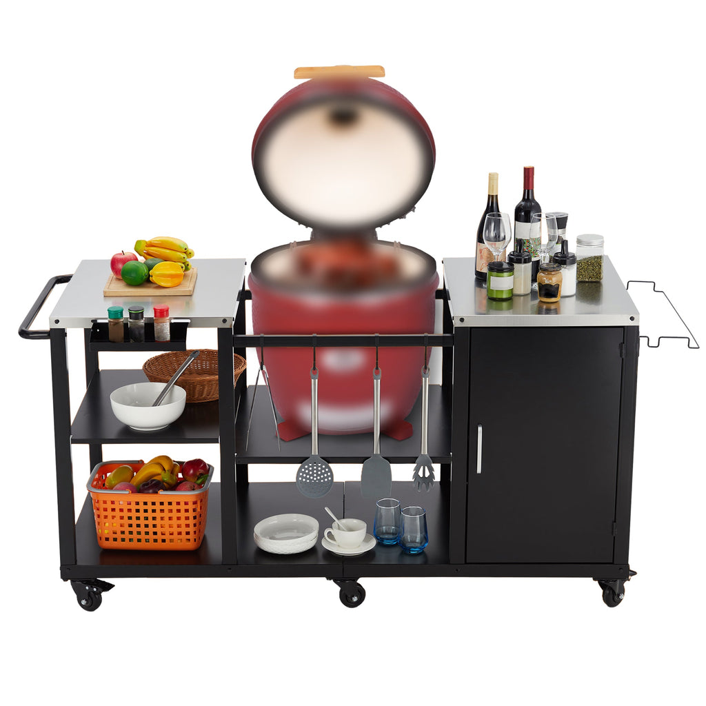 Garvee Big Green Egg Grill Table, Heavy Duty Outdoor Grill Station Prep Table with Storage, Garbage Bag Holder, Hooks, Paper Towel Rack, Wheels for Big Green Egg Accessories, Black