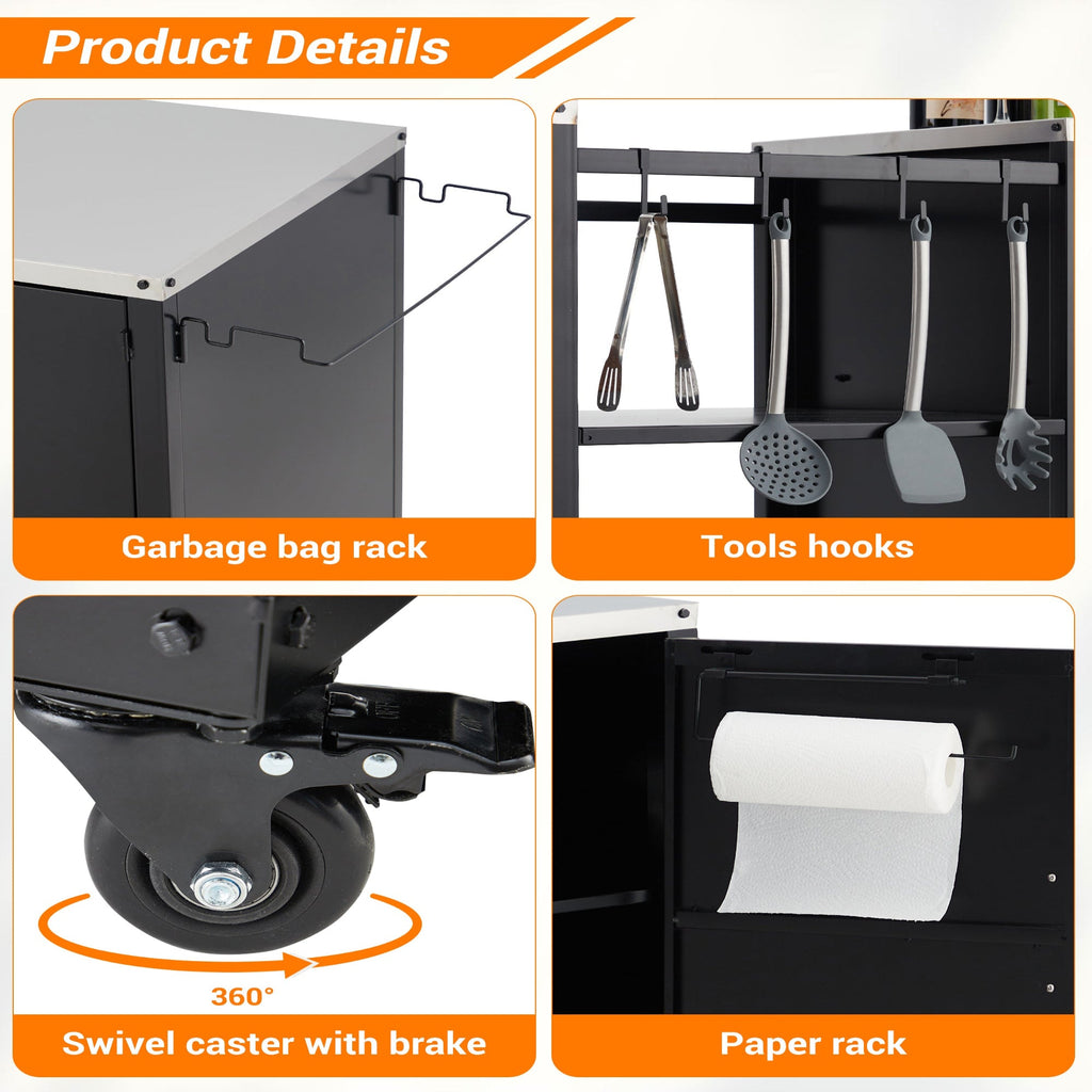 Garvee Big Green Egg Grill Table, Heavy Duty Outdoor Grill Station Prep Table with Storage, Garbage Bag Holder, Hooks, Paper Towel Rack, Wheels for Big Green Egg Accessories, Black