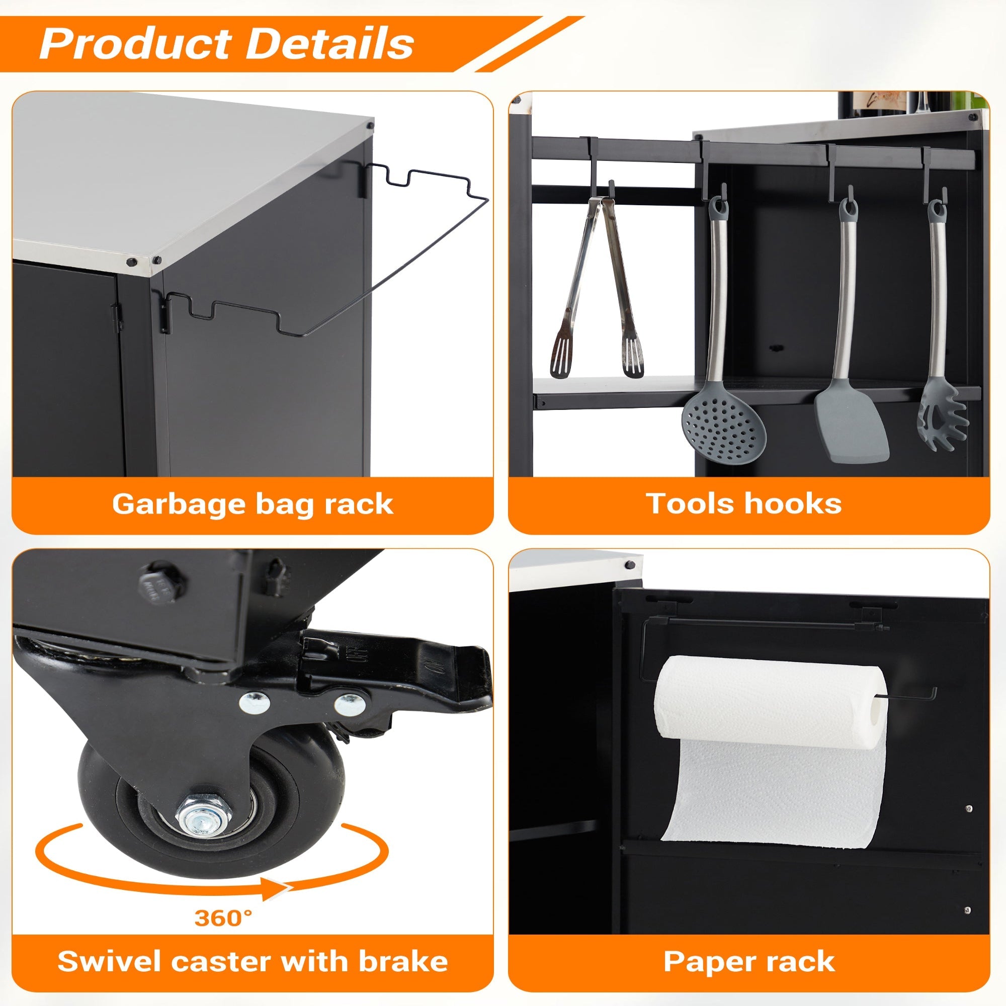 Garvee Big Green Egg Grill Table, Heavy Duty Outdoor Grill Station Prep Table with Storage, Garbage Bag Holder, Hooks, Paper Towel Rack, Wheels for Big Green Egg Accessories, Black