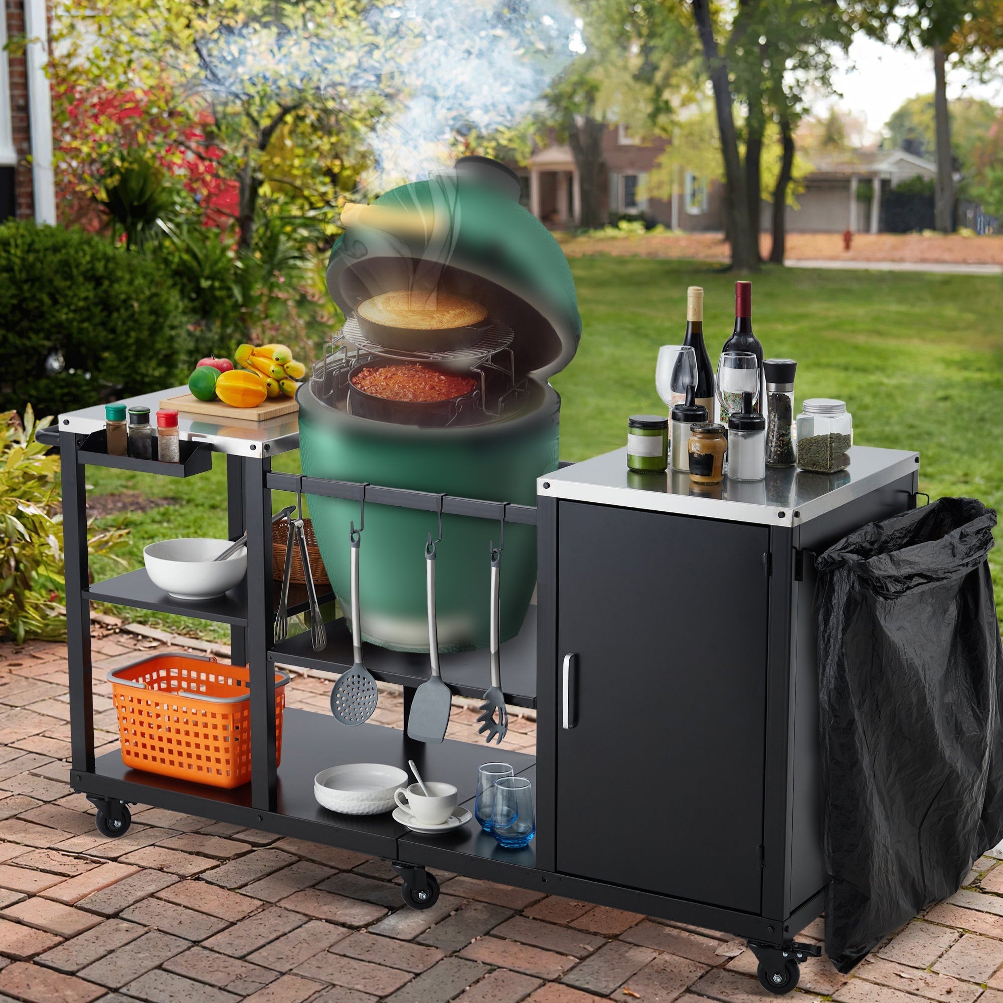 Garvee Big Green Egg Grill Table, Heavy Duty Outdoor Grill Station Prep Table with Storage, Garbage Bag Holder, Hooks, Paper Towel Rack, Wheels for Big Green Egg Accessories, Black