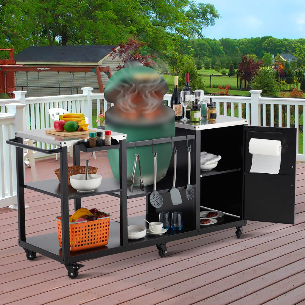 Garvee Big Green Egg Grill Table, Heavy Duty Outdoor Grill Station Prep Table with Storage, Garbage Bag Holder, Hooks, Paper Towel Rack, Wheels for Big Green Egg Accessories, Black
