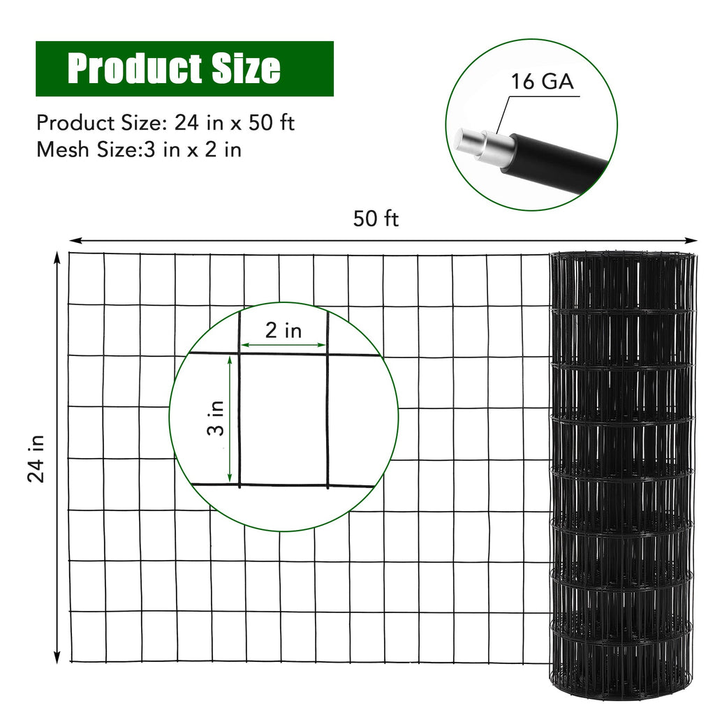 Garvee 2″x3″ 2'×50' 16 Gauge, Chicken Wire Fence Wire Mesh Fence Galvanized Steel Poultry Netting Garden Fence Tree Guard Wire Fence Rolls Hardware Cloth for Yard Vegetable Plant Protection, Black