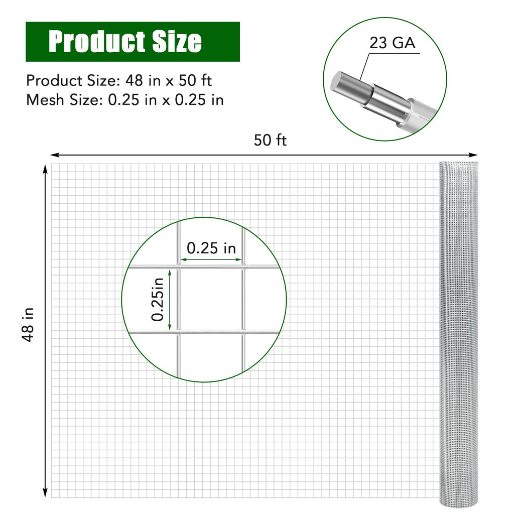 Garvee 1/4" 4'×50' 23-Gauge Galvanized Steel Chicken Wire Fence - Poultry Netting, Garden & Tree Guard, Hardware Cloth Roll, Silver