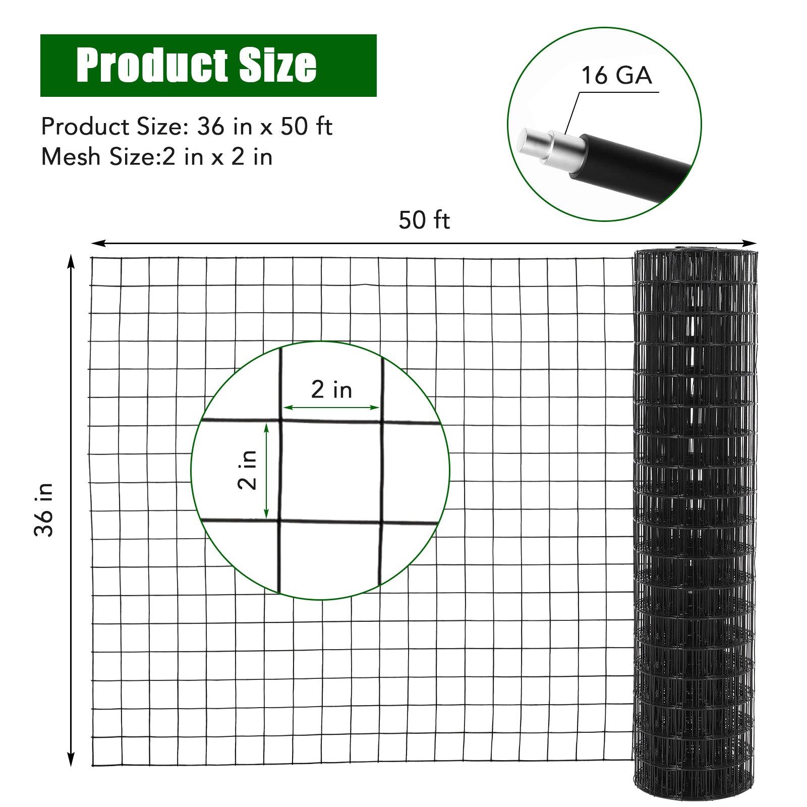 Garvee 2″x2″ 3'×50' 16 Gauge, Chicken Wire Fence Wire Mesh Fence Galvanized Steel Poultry Netting Garden Fence Tree Guard Wire Fence Rolls Hardware Cloth for Yard Vegetable Plant Protection, Black