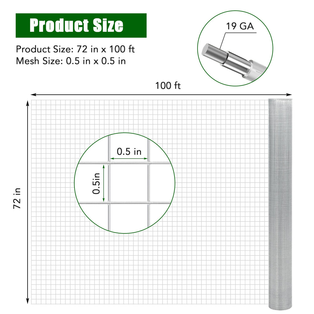Garvee 1/2inch 6'×100' 19 Gauge, Chicken Wire Fence Wire Mesh Fence Galvanized Steel Poultry Netting Garden Fence Tree Guard Wire Fence Rolls Hardware Cloth for Yard Vegetable Plant Protection, Sliver