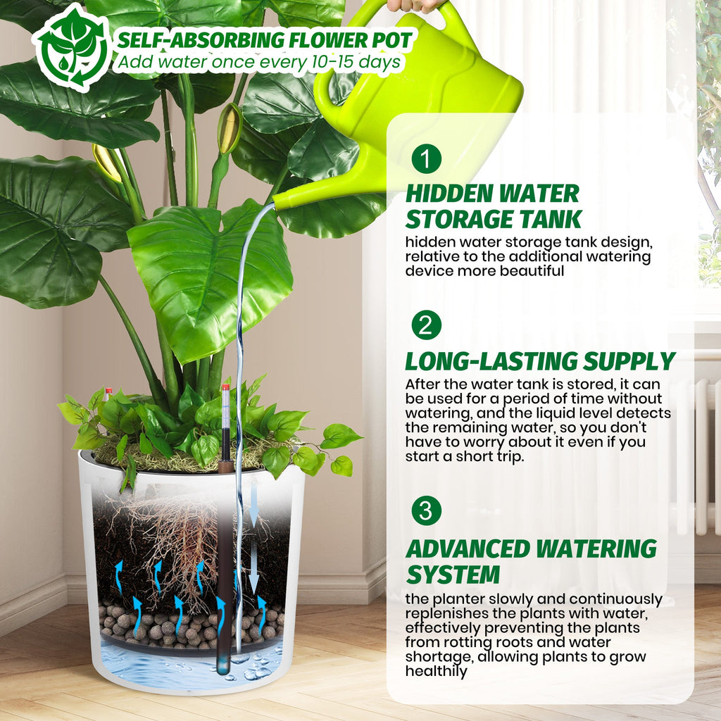 Garvee Tall Round Planter Set of 2, 20" Large Flower Pot Outdoor, Planters for Indoor Plants with Built-in Drainage and a Water Level Monitor and Wheels for Patio, Porch, Living Room, or Home Office,White