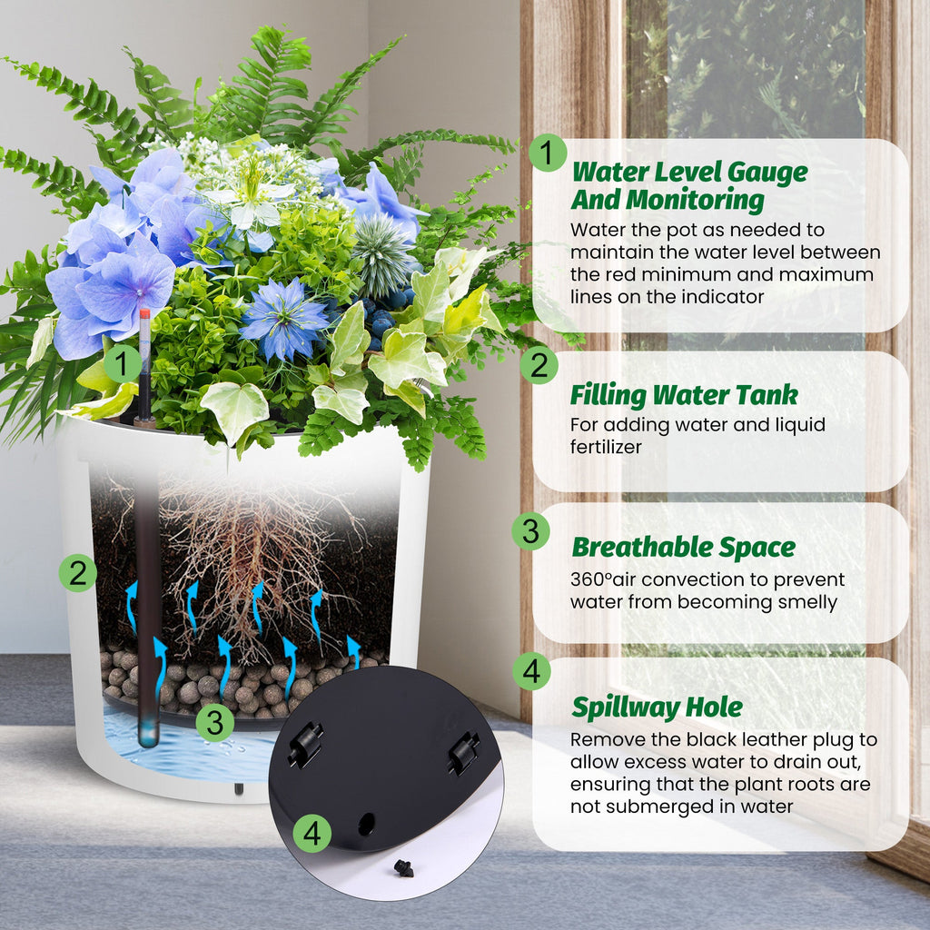 Garvee Tall Round Planter Set of 2, 20" Large Flower Pot Outdoor, Planters for Indoor Plants with Built-in Drainage and a Water Level Monitor and Wheels for Patio, Porch, Living Room, or Home Office,White