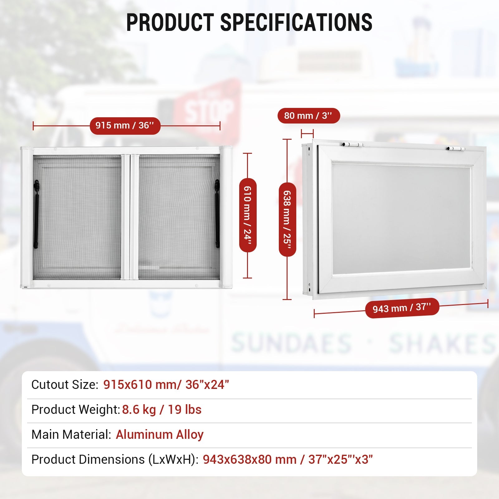 Garvee 36" x 24" Concession Window, Food Truck Service Window with 2 Horizontal Sliding Screen Windows & Awning Door, Automatic Retraction, Aluminum Alloy Serving Window for Food Trucks