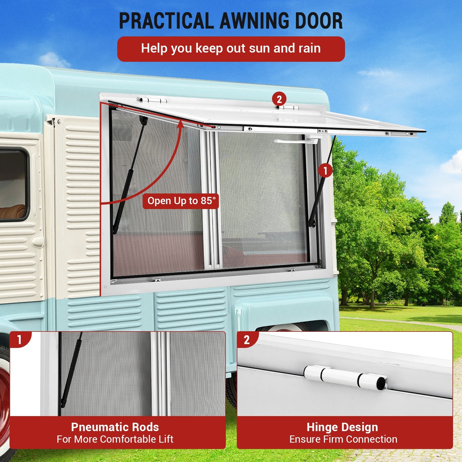 Garvee 36" x 24" Concession Window, Food Truck Service Window with 2 Horizontal Sliding Screen Windows & Awning Door, Automatic Retraction, Aluminum Alloy Serving Window for Food Trucks