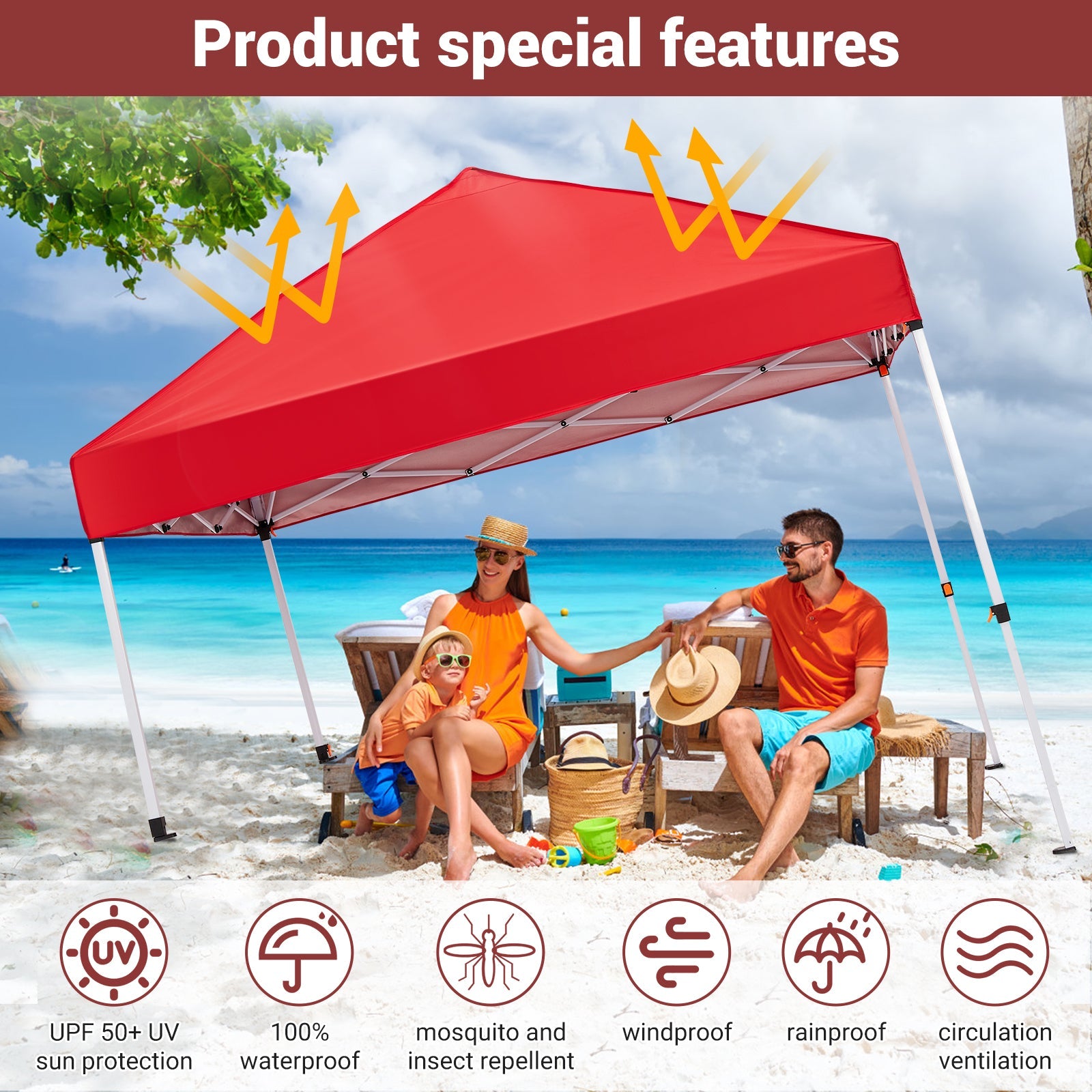 Garvee 8x8 FT Pop Up Canopy Tent - Instant Setup Sun Shelter with Wheeled Bag, Waterproof for Beach, Parties & Outdoor (Red)