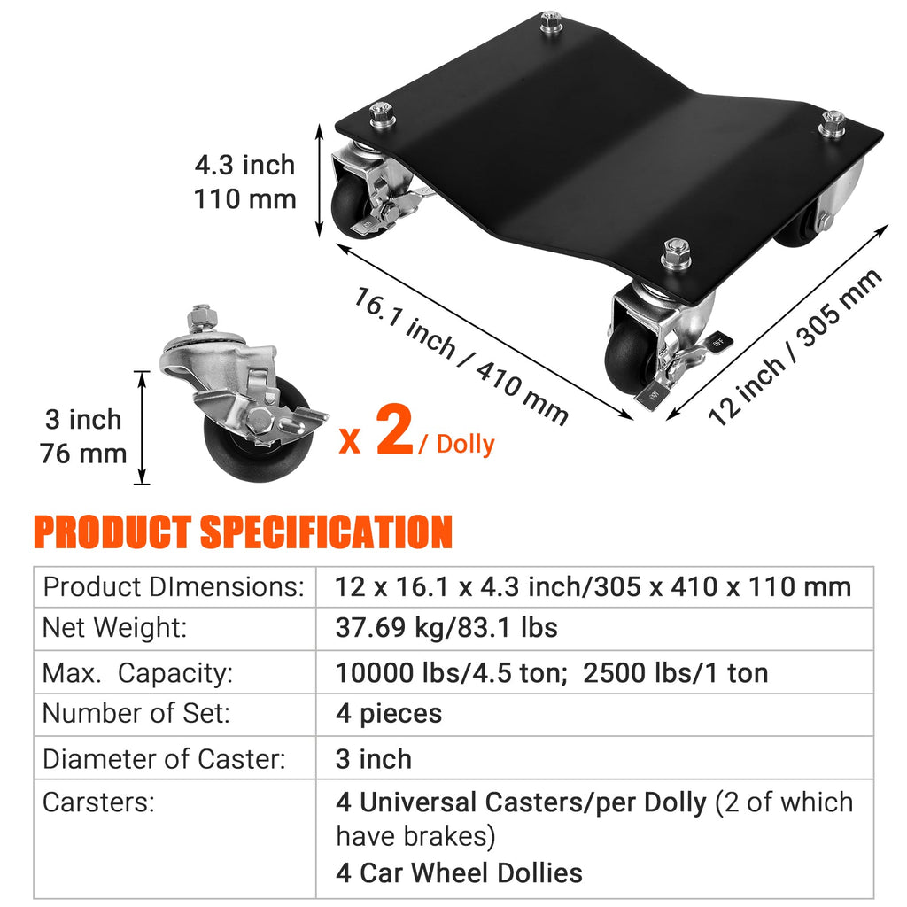 Garvee Car Dolly Set of 2, Heavy Duty Wheel Dollies, 5,000 Lbs Total Capacity Vehicle Dolly with Rotating Wheels for Moving Vehicles, Trailers, Motorcycles, Truck, Boat, Black