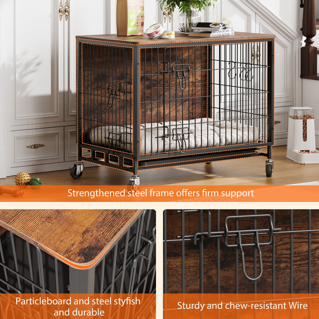 Garvee Dog Crate Furniture, Double Doors Wooden Dog Kennel Cage, 32.5" Indoor Dog Crate with Pull-Out Tray & Removable Wheels, Decorative End Table Pet House Chew-Resistant for Medium Dog, Brown