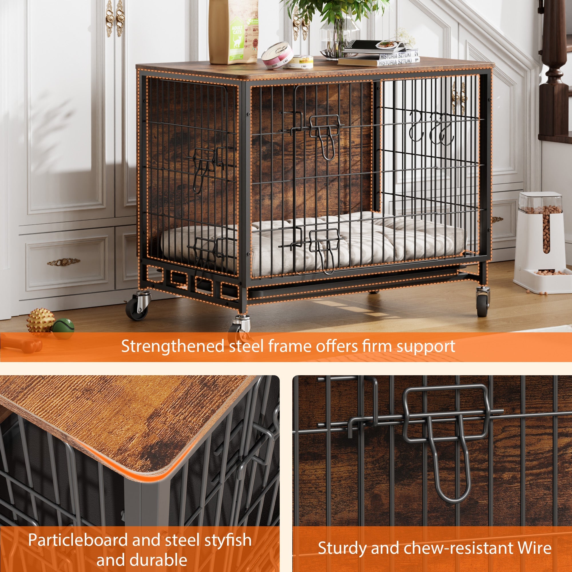 Garvee Dog Crate Furniture, Double Doors Wooden Dog Kennel Cage, 32.5" Indoor Dog Crate with Pull-Out Tray & Removable Wheels, Decorative End Table Pet House Chew-Resistant for Medium Dog, Brown