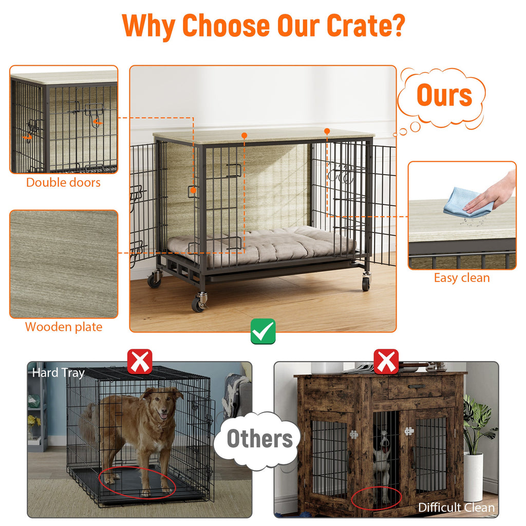 Garvee Dog Crate Furniture, Double Doors Wooden Dog Kennel Cage, 32.5" Indoor Dog Crate with Pull-Out Tray & Removable Wheels, Decorative End Table Pet House Chew-Resistant for Medium Dog, Grey