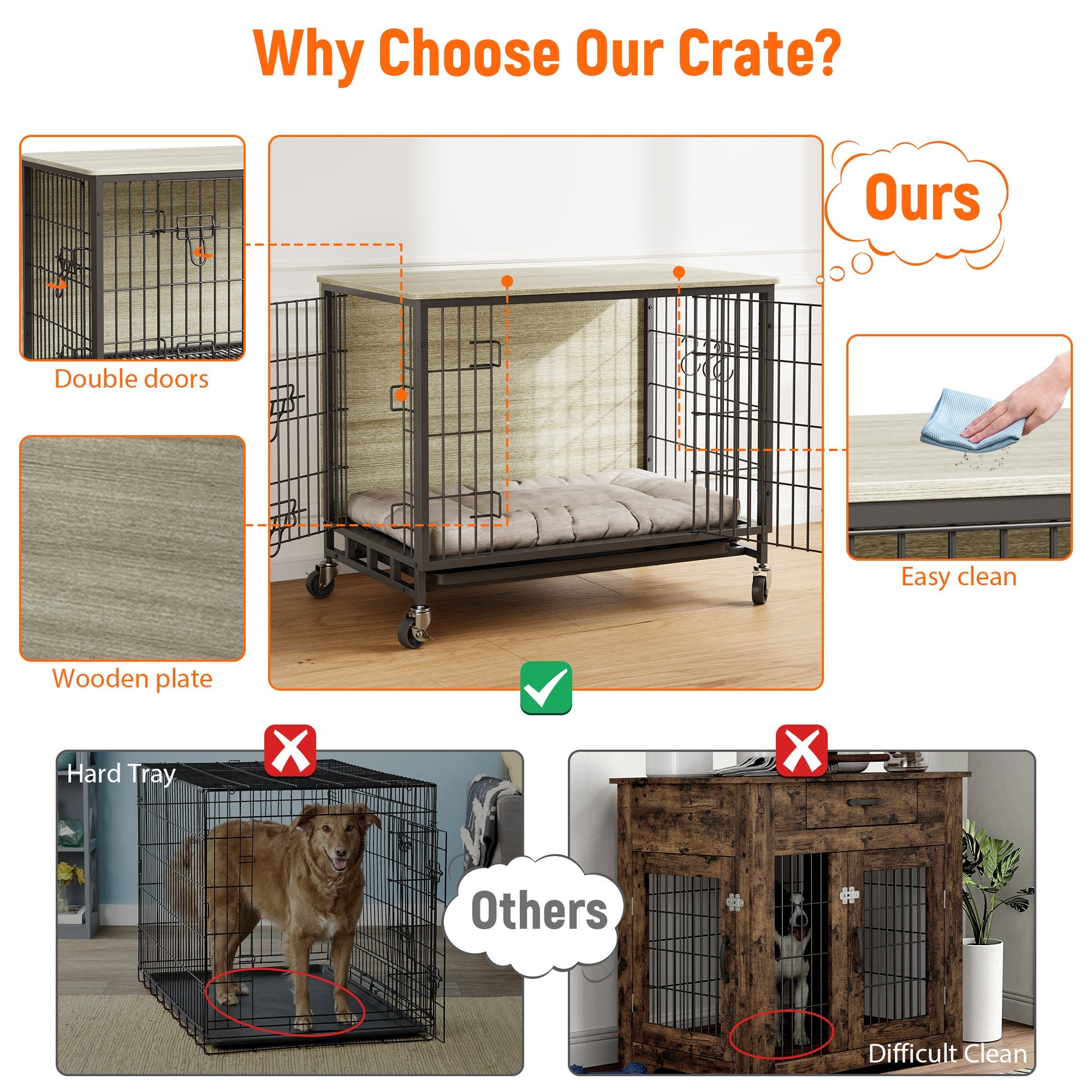 Garvee Dog Crate Furniture, Double Doors Wooden Dog Kennel Cage, 32.5" Indoor Dog Crate with Pull-Out Tray & Removable Wheels, Decorative End Table Pet House Chew-Resistant for Medium Dog, Grey