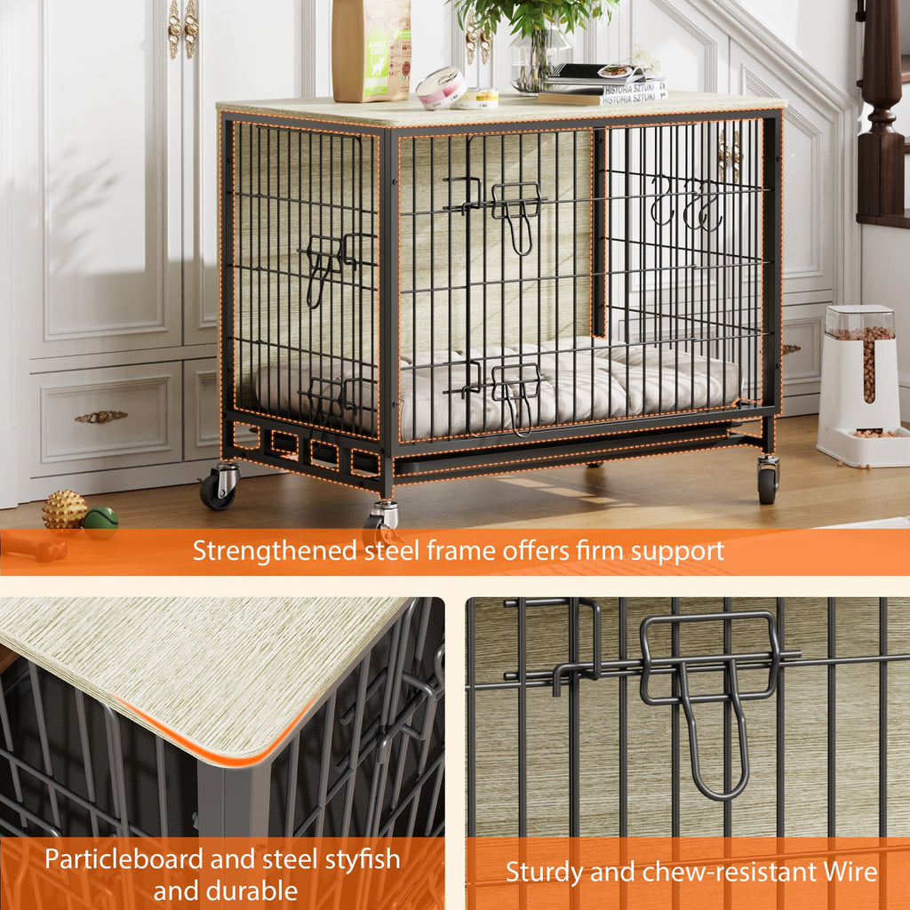 Garvee Dog Crate Furniture, Double Doors Wooden Dog Kennel Cage, 32.5" Indoor Dog Crate with Pull-Out Tray & Removable Wheels, Decorative End Table Pet House Chew-Resistant for Medium Dog, Grey