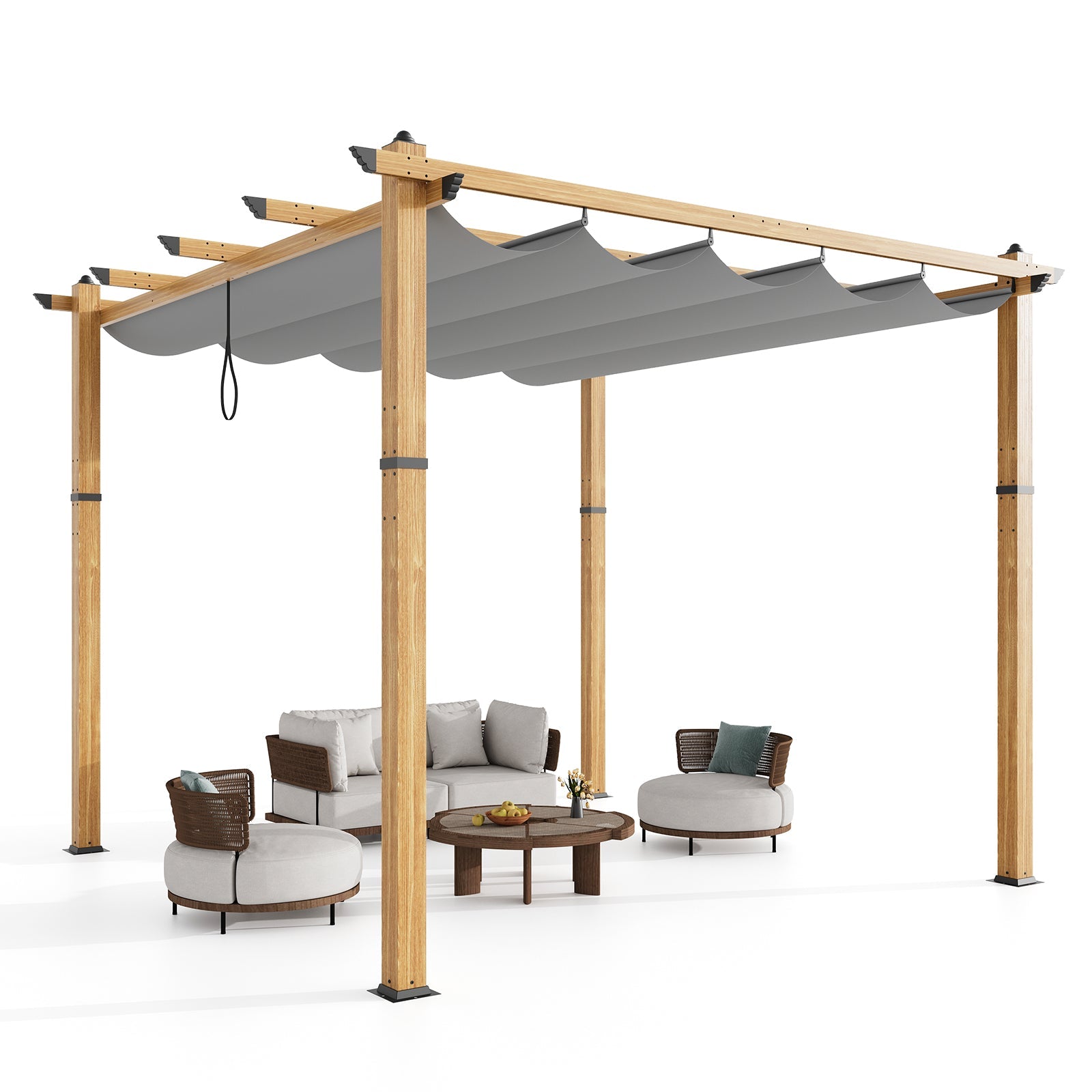 Garvee 10′ X 10′ Wood-Grain Aluminum Pergola with Retractable Canopy UV50+ Sun Protection for Backyard Patio Porch Grape Trellis,Grey