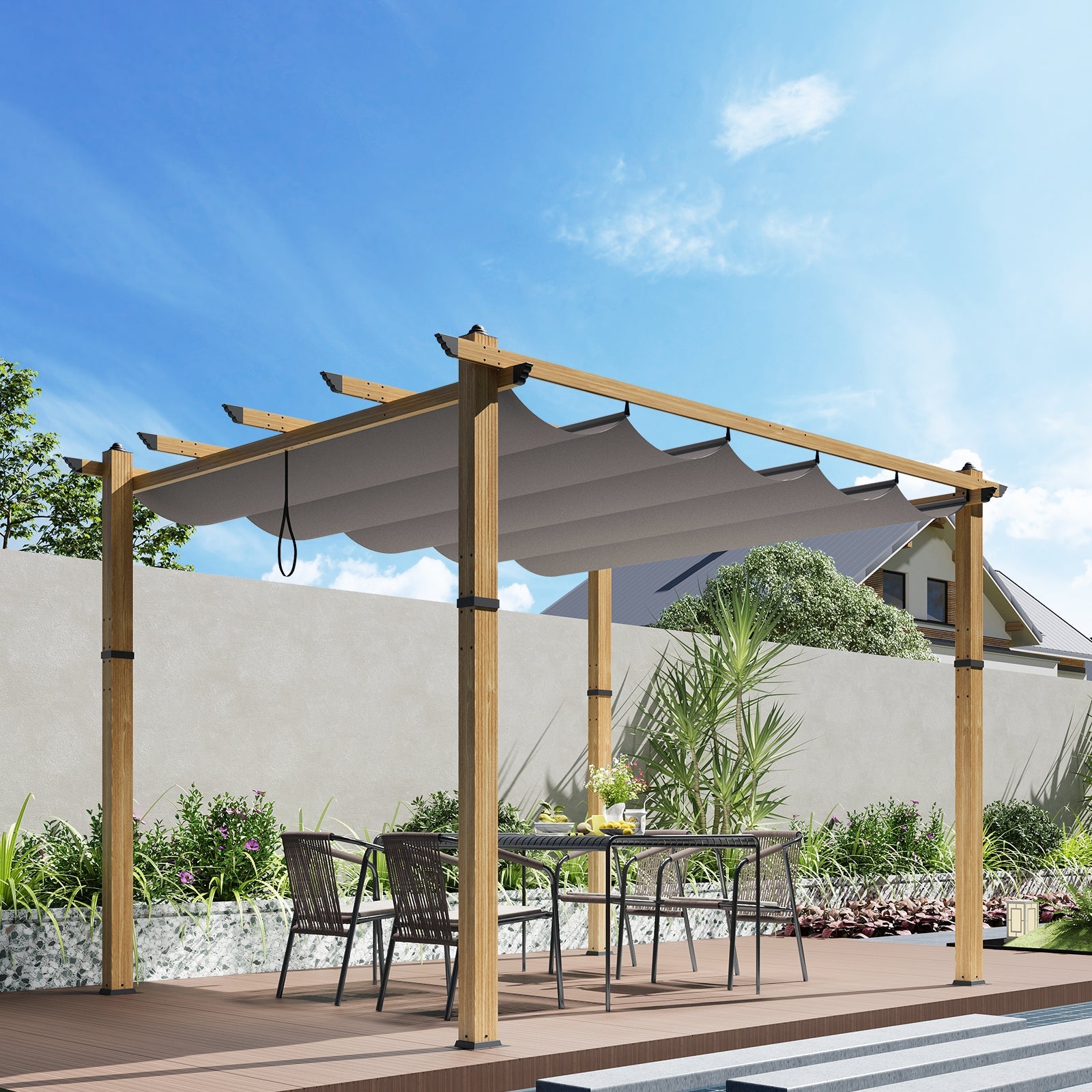 Garvee 10′ X 10′ Wood-Grain Aluminum Pergola with Retractable Canopy UV50+ Sun Protection for Backyard Patio Porch Grape Trellis,Grey