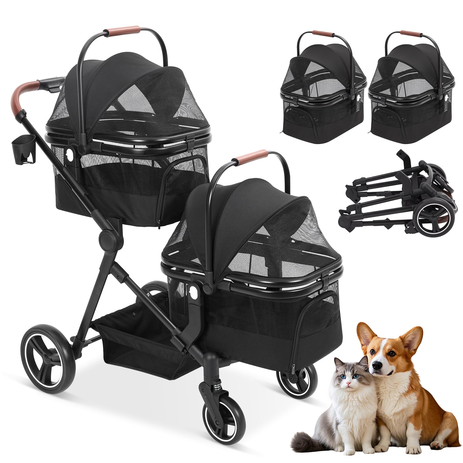 Garvee Double Pet Stroller with 2 Detachable Carriers, 4 Wheels Dog Stroller for 2 Dogs or Cats, Puppy Stroller with Storage Basket, 360-Degree Front Wheels and Cup Holder