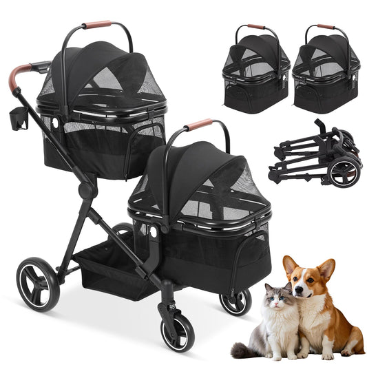 Garvee Double Pet Stroller with 2 Detachable Carriers, 4 Wheels Dog Stroller for 2 Dogs or Cats, Puppy Stroller with Storage Basket, 360-Degree Front Wheels and Cup Holder