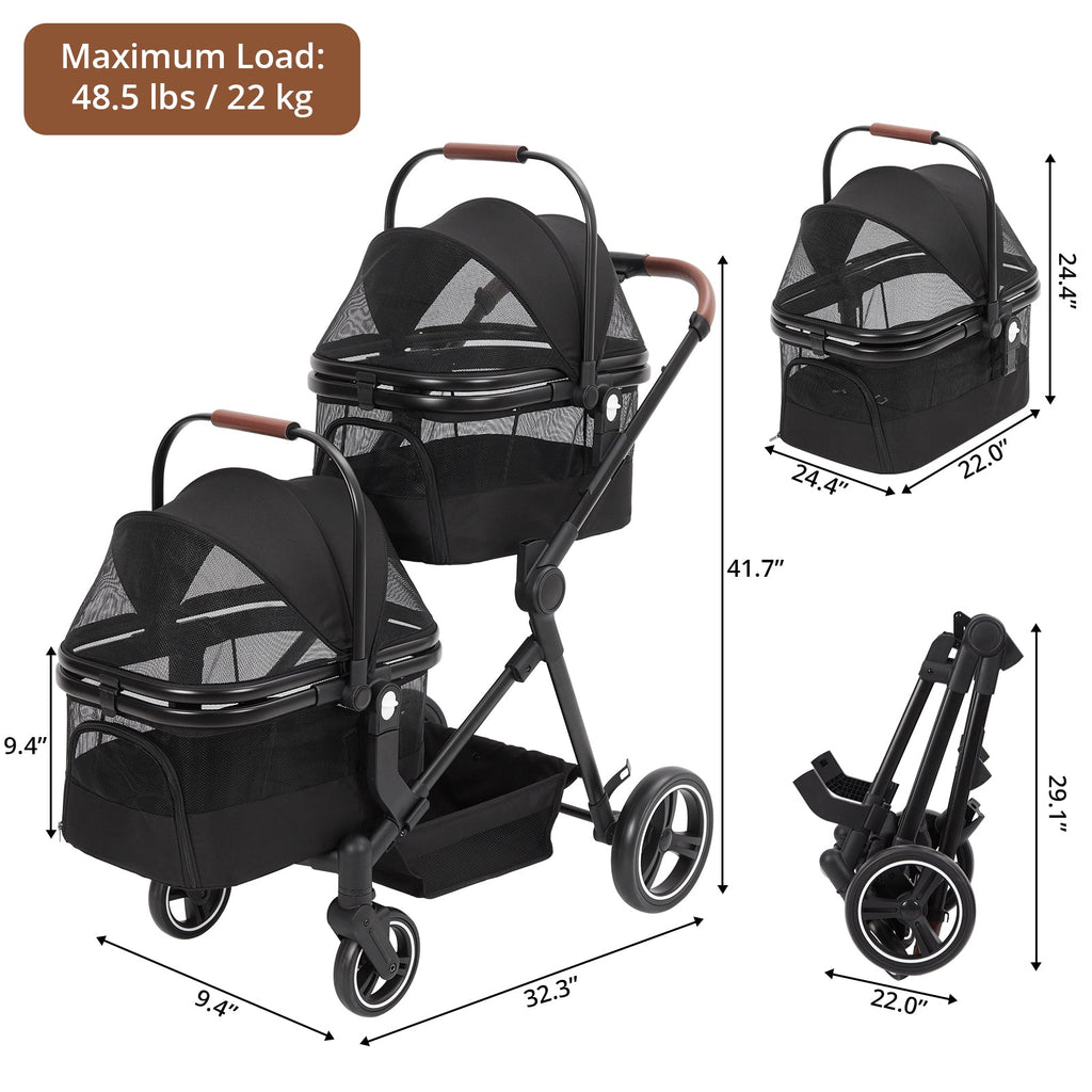 Garvee Double Pet Stroller with 2 Detachable Carriers, 4 Wheels Dog Stroller for 2 Dogs or Cats, Puppy Stroller with Storage Basket, 360-Degree Front Wheels and Cup Holder
