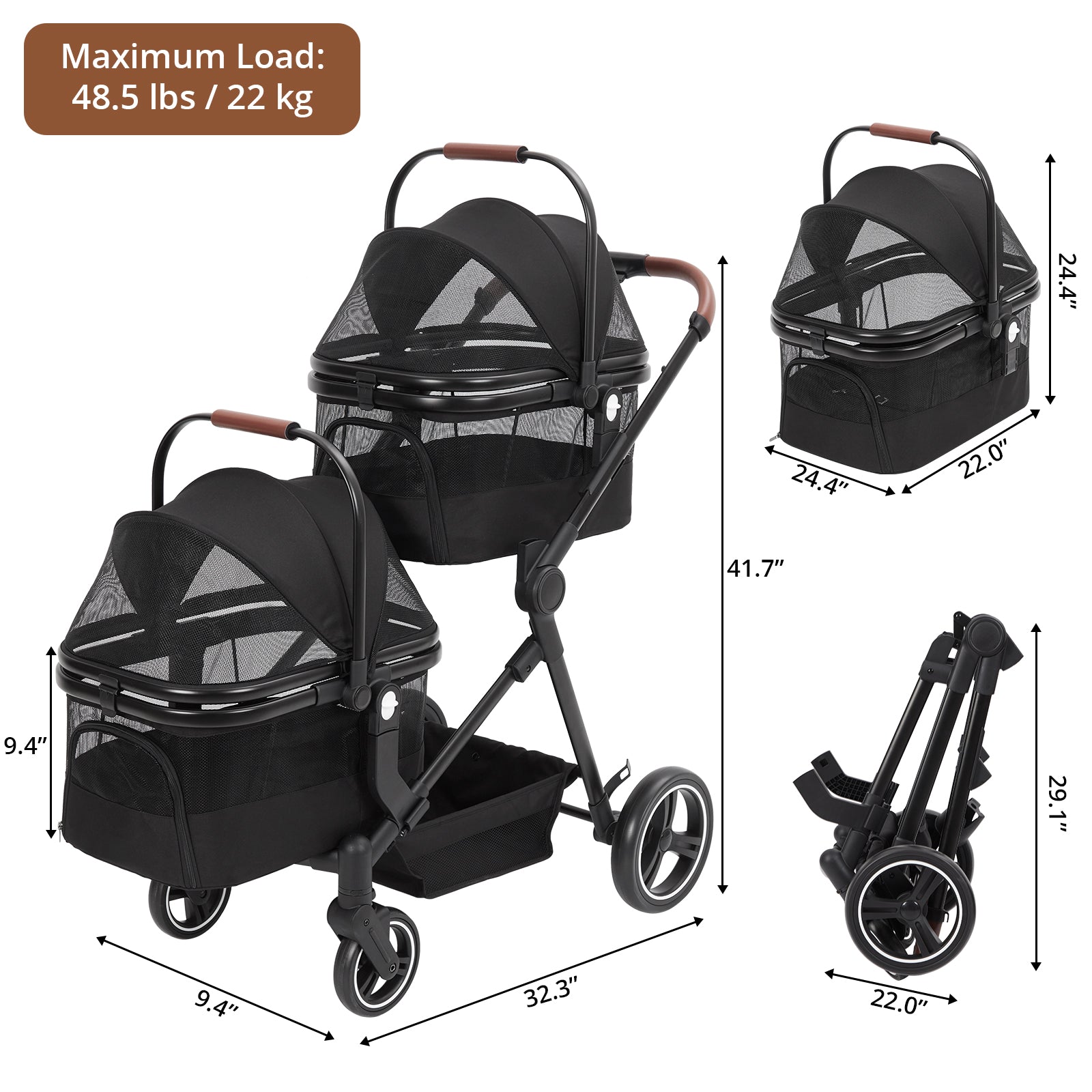 Garvee Double Pet Stroller with 2 Detachable Carriers, 4 Wheels Dog Stroller for 2 Dogs or Cats, Puppy Stroller with Storage Basket, 360-Degree Front Wheels and Cup Holder